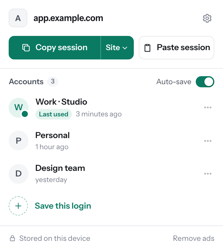 Session Share popup: copy and paste a session, and a list of three saved accounts for app.example.com