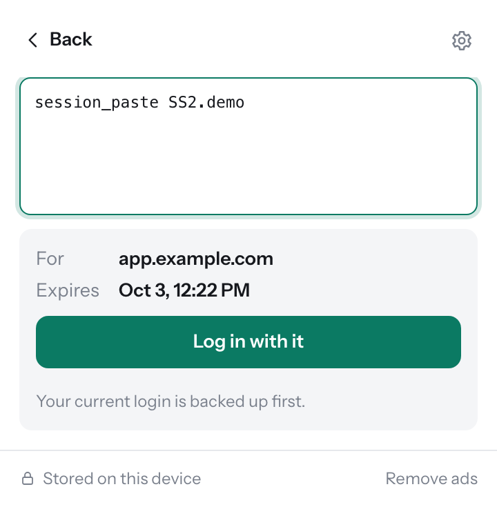 Pasting a share code shows the site and expiry before importing