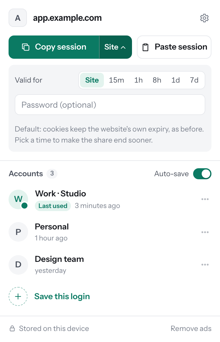 Copy options: keep the site's own expiry or choose 15 minutes to 7 days, with an optional password